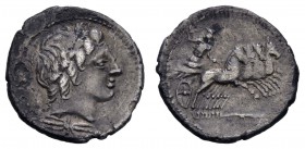 Römer Republik
Anonym, 86 v.u.Z. AR Denar 86 v.u.Z. Rom Av.: Belorbeerter Apollokopf nach rechts, darunter Blitzbündel / Rev.: Jupiter in Quadriga na...