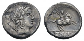 Römer Republik
P. Crepusius, 82 v.u.Z. AR Denar 82 v.u.Z. Rom Av.: Belorbeerter Apollokopf nach rechts, dahinter Zepter und A / Rev.: P.CREPVS, Reite...