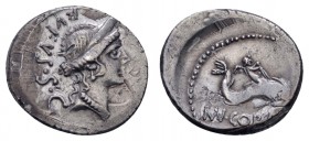 Römer Republik
Mn. Cordius Rufus, 46 v.u.Z. AR Denar Erot auf Delphin reitend, leicht unrund, Revers leicht dezentriert Cr. 463/3 Syd. 977 ss+