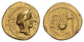 Römer Republik
Iulius Caesar und Aulus Hirtius, 46 v.u.Z. AV Aureus 46 v.u.Z. Rom Av.: C·CAESAR - COS·TER, Kopf der Vesta mit über den Hinterkopf gez...
