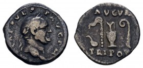 Römer Kaiserzeit
Vespasianus, 69-79 AR Denar 72-73 Rom Av.: Kopf mit Lorbeerkranz nach rechts, Rv.: oben AVGVR, unten TRI POT, Kultgeräte: Simpulum, ...