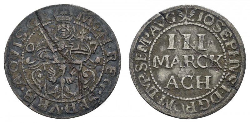 bis 1799 Aachen
Stadt 3 Mark 1707 mit Titel Josef I., 1705-1711, Av.: Adlerschi...