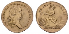 bis 1799 Bayern
Karl Theodor, 1777-1799 Dukat 1780 Isar - Gold - Dukat, Brustbild nach rechts, liegender Flußgott vor Stadtansicht, Rand leicht bearb...