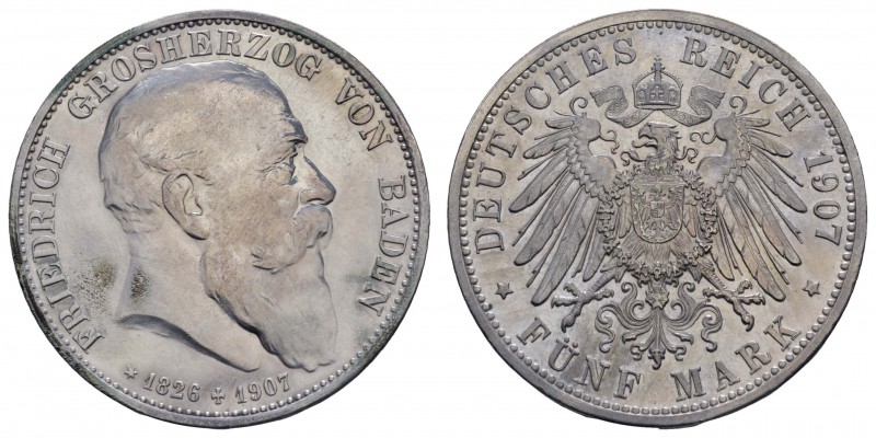 Kaiserreich Silbermünzen Baden
Friedrich I. 1856-1907 5 M 1907 Auf den Tod, Av....