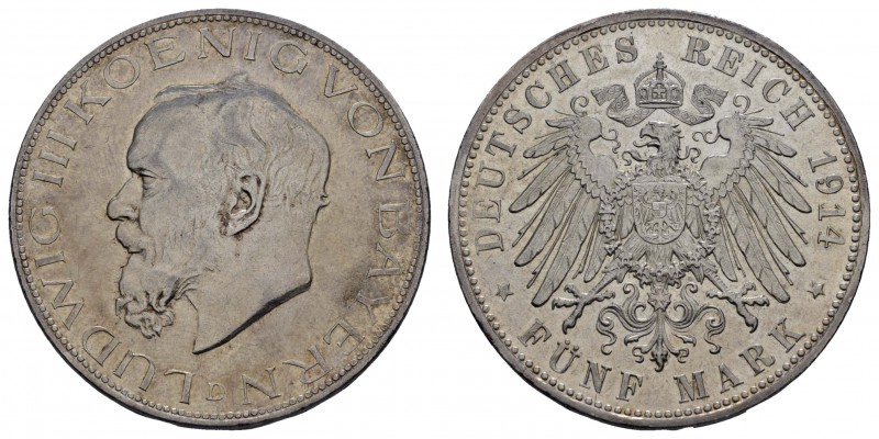 Kaiserreich Silbermünzen Bayern
Ludwig III. 1913-1918 5 M 1914 D Avers kleine K...