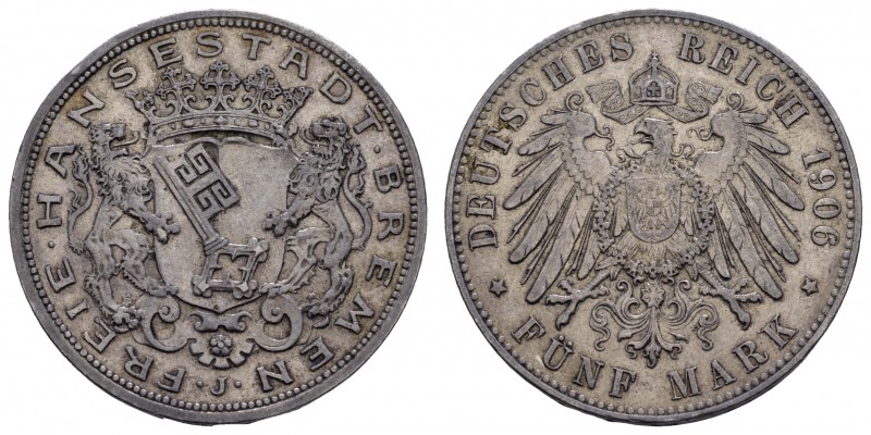 Kaiserreich Silbermünzen Bremen
Stadt 5 M 1906 J Rf. Jaeger 60 ss+