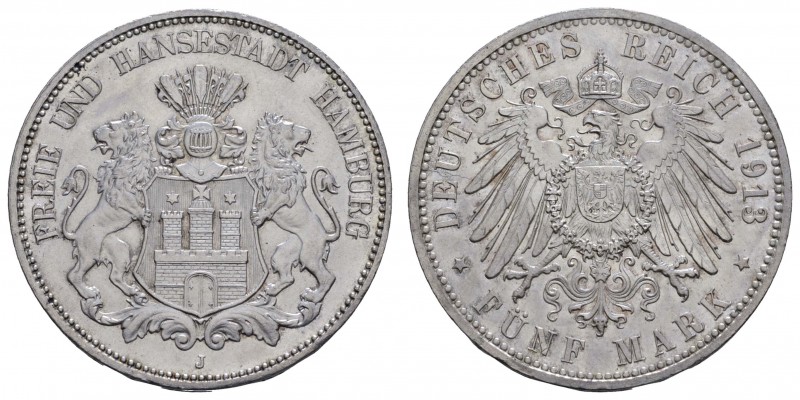Kaiserreich Silbermünzen Hamburg
Stadt 5 M 1913 J feine Haarlinien Jaeger 65 ma...