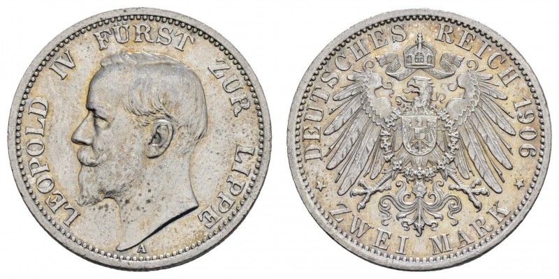 Kaiserreich Silbermünzen Lippe
Leopold IV. 1905-1918 2 M 1906 A feine Haarlinie...