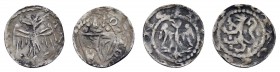 Europa Geldern
Otto II., 1229-1271 Pfennig (2) ohne Jahr Av.: Adler von vorn, Rv.: Kopf über Schild mit dem geldrischen Löwen, 0.57 g sowie Av.: Adle...