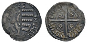 Europa Loon, Grafschaft
Arnold V., 1279-1323 Esterlin ohne Jahr vermutlich Hasselt Av.: unter Kreuz halbierter Schild mit nach links aufsteigendem Lö...