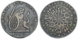 bis 1799 Belgien
Brabant Lion d'argent = 3 Florins 1790 Brüssel Av.: DOMINI EST REGNVM., nach links steigender Flandrischer Löwe hält in der Rechten ...