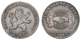 bis 1799 Belgien
Belgischer Aufstand, 1789-1790 X Sols = ½ Gulden 1790 Brüssel Av.: nach rechts aufsteigender Löwe über Jahr, Rv.: zwei aus Wolken ko...