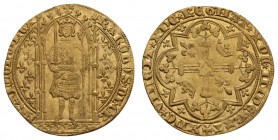 bis 1799 Frankreich
Charles V., 1364-80 Franc à pied o.J. (1365) Der gekrönte König steht v. v. mit Schwert in der Rechten, umher gotisches Portal, R...