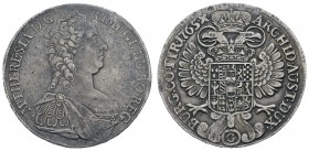 bis 1799 Habsburg
Maria Theresia, 1740-1780 Taler 1765 Günzburg Av.: diademiertes Brustbild nach rechts, Rv.: gekrönter Doppeladler mit Wappen Herine...