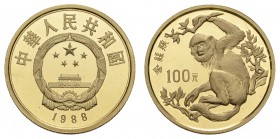 China
Volksrepublik 100 Yuan 1988 Goldstumpfnasenaffe, im Etui mit Zertifikat KM 214 Schön 163 PP