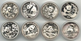 China
Volksrepublik 10 Yuan 1989 1 oz Silber Panda, 8 Exemplare bis 1996 KM 222 ff st