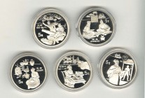 China
Volksrepublik 5 Yuan 1995 Erfindungen und Entdeckungen des Altertums - 4. Ausgabe, alle 5 Silbermünzen, nur gekapselt KM 735-739 PP