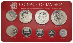 Jamaika
Parlamentarische Monarchie KMS 1978 Brilliant uncirculated Specimen Set Coinage of Jamaica, 1-5-10-20-25-50 Cents sowie 1-5-10 Dollars im rot...