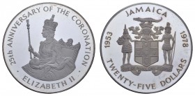 Jamaika
Parlamentarische Monarchie 25 $ 1978 25 Jahrestag der Krönung von Elisabeth II., mit geklebtem Zertifikat, Auflage maximal 25.000 Stück KM 76...