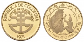 Kolumbien
Republik 300 Pesos 1971 6. Panamerika Spiele, zaponiert, Haarlinien KM 250 PP-