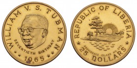 Liberia
Republik 25 $ 1965 B 70. Geburtstag von William V. S. Tubman, leichte Goldpatina, nur maximal 3.000 Exemplare geprägt KM 21 Fried. 3 Schön 20...