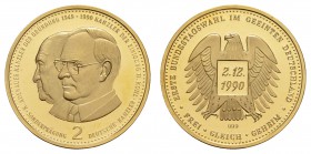 Gold-, Platin- und Palladiummedaillen Deutschland
BRD 1990 Feingoldmedaille mit Büsten der Kanzler Adenauer und Kohl, zur Deutschen Einheit PP