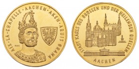 Gold-, Platin- und Palladiummedaillen Städtemedaillen
Aachen 2 Dukatengoldmedaillen, Av. Büste Karls des Großen, Rv. Dom und Therme, Ø 20 bzw. 26 mm,...
