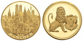 Gold-, Platin- und Palladiummedaillen Städtemedaillen
München Av.: Stadtansicht über MÜNCHEN, Rv.: Löwe hält Wappen, 999.9er 15.41 g. PL