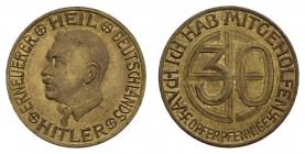 Sonstige Medaillen Personenmedaillen
Hitler, Adolf ohne Jahr kleine Messingmedaille, Av.: Kopf nach links, HEIL / HITLER / DEUTSCHLANDS / ERNEUERER, ...