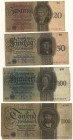 Deutschland Deutsches Reich
Deutsche Reichsbank 1924 Attraktive Serie: 20 RM Q/M, 50 RM N/B, 100 RM K/B, 1000 RM R/A, alle 11.10.1924, um EH III-IV G...