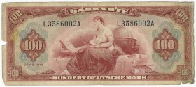 Deutschland Bank Deutscher Länder
 100 DM 1948 Roter Hunderter, L3586002A, Einrisse, diverse Knickspuren, fleckig, EH IV Grab. WBZ-8