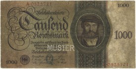 Deutschland SBZ
 1.000 RM 1948 A·0525721, der seltene Udr.-Bst. Q, gelochter Musterschein zu Schulungszwecken, siehe beigefügte Artikelkopie aus Münz...