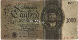Deutschland SBZ
 1.000 RM 1948 A·0491679, Udr.-Bst. T, gelochter Musterschein zu Schulungszwecken, siehe beigefügte Artikelkopie aus Münzen & Sammeln...