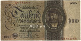 Deutschland SBZ
 1.000 RM 1948 A·1382558, Udr.-Bst. R, gelochter Musterschein zu Schulungszwecken, siehe beigefügte Artikelkopie aus Münzen & Sammeln...
