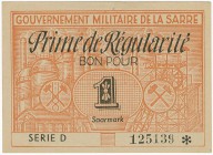 Deutschland Saargebiet
Prämienscheine des Militärgouvernements Saar 1947 1 Saarmark Serie D 125139, Grube Jägersfreude, gültig bis 3 AVR. 1948, Ecken...