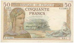 Ausland Frankreich
Republik 50 Francs etc. 1939 Serie 1937-1940, Y. 11361 881, EJ. 19-10-1939. EJ., EH II, dazu 35 weitere Scheine ab 1815 in gewohnt...