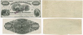 Ausland Kanada
Banque d' Hochelaga 100 $ 1880 je einseitige Druckprobe der Vorder- und der Rückseite in schwarz ohne Wasserzeichen, je 3x gelocht SPE...
