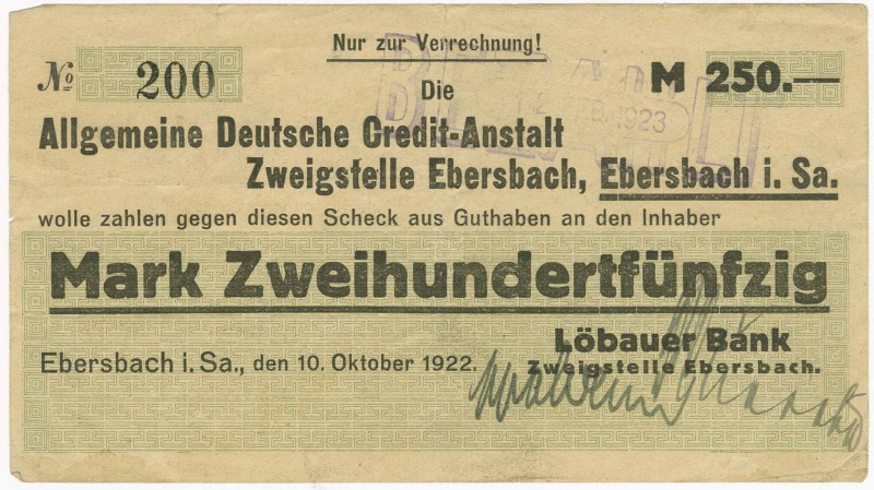 Deutschland Städtisches Notgeld
Serienscheine Ebersbach 250 Mark 1922, Ettal 1-...