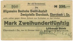 Deutschland Städtisches Notgeld
Serienscheine Ebersbach 250 Mark 1922, Ettal 1-2-5-10-25-50 Pfennig 1917, dito mit Überdruck &quot;Notausgabe 1919&qu...