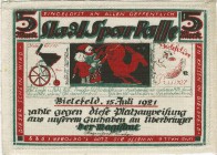 Deutschland Städtisches Notgeld
Kassenscheine 15.7.1921 Bielefeld, 5 Mark, auf weißen Leinen, ex Emporium Hamburg Grab. 103.13