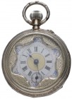 Trachtentaschenuhr, um 1910, Silbergehäuse handgraviert, bemaltes Zifferblatt im Sechspass, Stellung über Drücker bei der 2, Zylinderhemmung, funktion...
