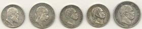 Nachlässe & Sammlungsaufgaben
 5 historische Silbermünzen: Doppelflorin Österreich 1892, 2x Siegestaler Preussen 1866, 3 M Württemberg, 5 M Preussen...