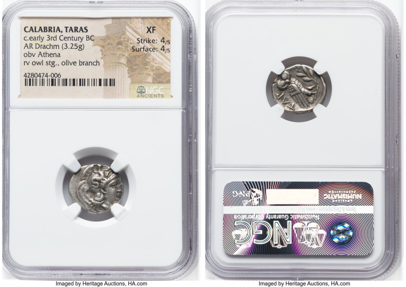 CALABRIA. Tarentum. Ca. early 3rd century BC. AR drachm (16mm, 3.25 gm, 3h). NGC...