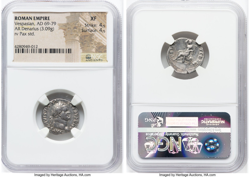 Vespasian (AD 69-79). AR denarius (19mm, 3.09 gm, 7h). NGC XF 4/5 - 4/5. Rome, A...