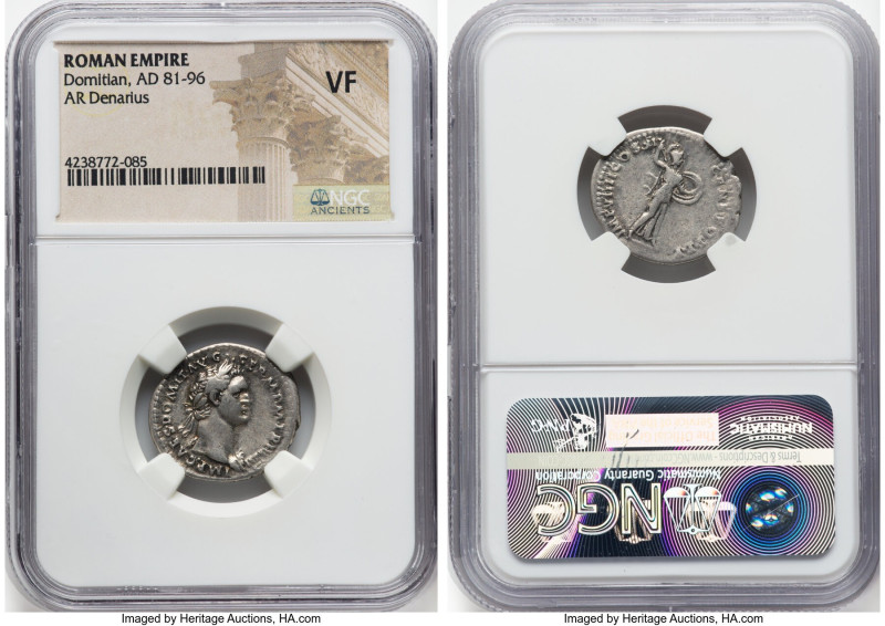 Domitian, as Augustus (AD 81-96). AR denarius (22mm, 7h). NGC VF. Rome, AD 85. I...