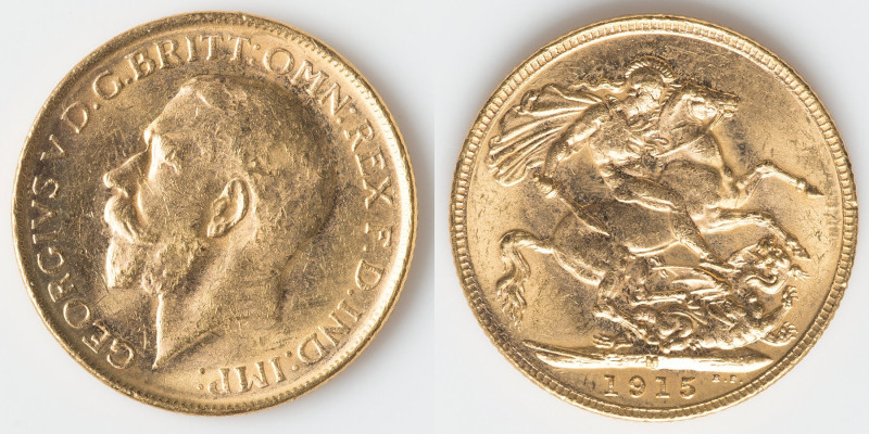 George V gold Sovereign 1915-M UNC, Melbourne mint, KM29, S-3999. 21.9mm. 8.00gm...