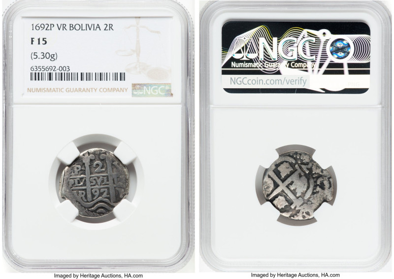 Pair of Certified Cob 2 Reales NGC, 1) Charles II Cob 2 Reales 1692 P-VR - F15, ...