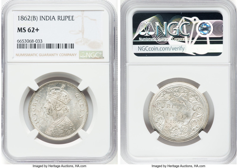 British India. Victoria Rupee 1862-(b) MS62+ NGC, Bombay mint, KM473.1. Type A B...