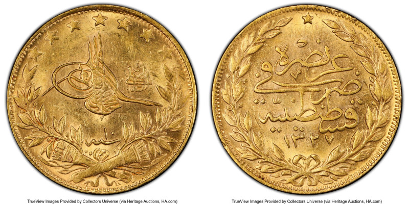 Ottoman Empire. Mehmed V gold 100 Kurush AH 1327 Year 10 (1917/1918) MS62 PCGS, ...