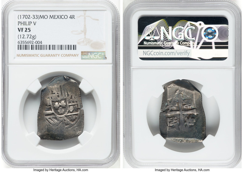 Philip V Cob 4 Reales ND (1702-1733)-MO VF25 NGC, Mexico City mint, KM40. 12.72g...